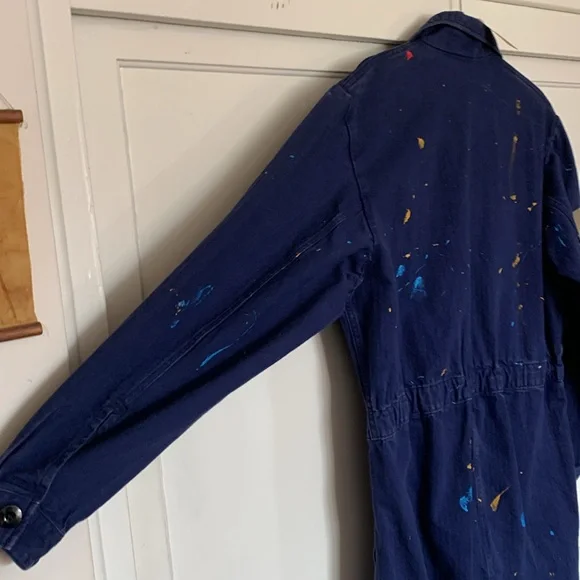 Artist coveralls, jumpsuit, patches and paint, drawstring bottoms, button up